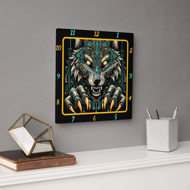 Horloge Carrée Fierce Wolf Neon Glow Timepiece (Bureau)