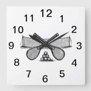 Horloge Carrée Filet de tennis vintage sportif, raquettes croisée