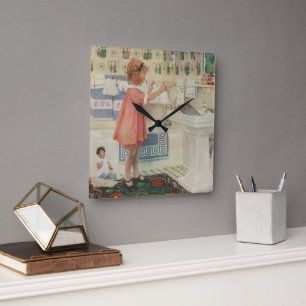 Horloge Carrée Fille d'époque, enfant faisant la lessive suspenda