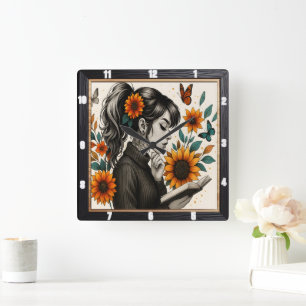 Horloge Carrée Fille Lecture Sunflower Papillon