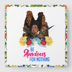 Horloge Carrée Fille noire magie, mélanine, sista, ski marron