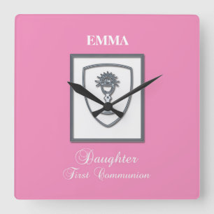 Horloge Carrée Fille, première communion chalice argent