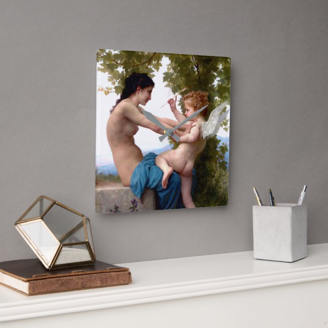 Horloge Carrée Fille Se Défendant Contre Eros Cupid Fine Art (Bureau)