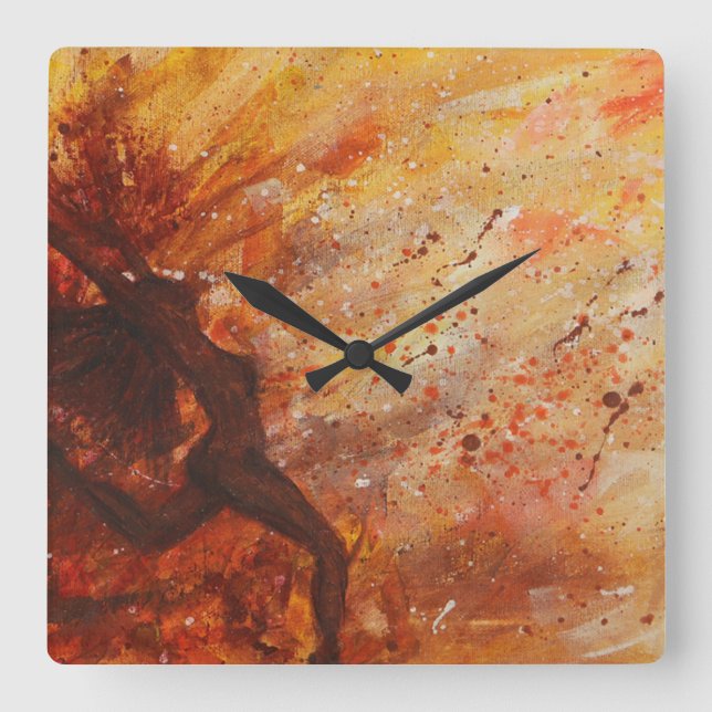 Horloge Carrée Fille Silhouette Orange Jaune Tons Abstraits (Recto)