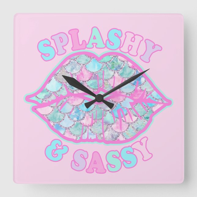 Horloge Carrée Fille Splashy & Sassy Rose Turquoise Mermaid Kiss (Recto)