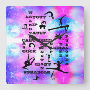 Horloge Carrée Filles Compétences en gymnastique Acrylique Mur Ho