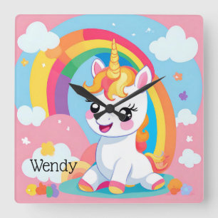 Horloge Carrée Fille's mignon Unicorn arc-en-ciel Nom personnalis
