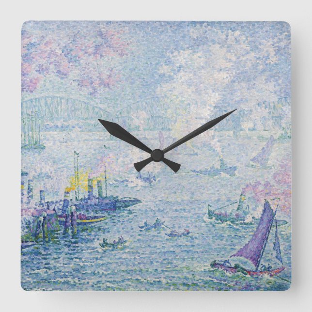 Horloge Carrée Fine Art Painting Sea Port Ships Bridge Light Blue (Recto)