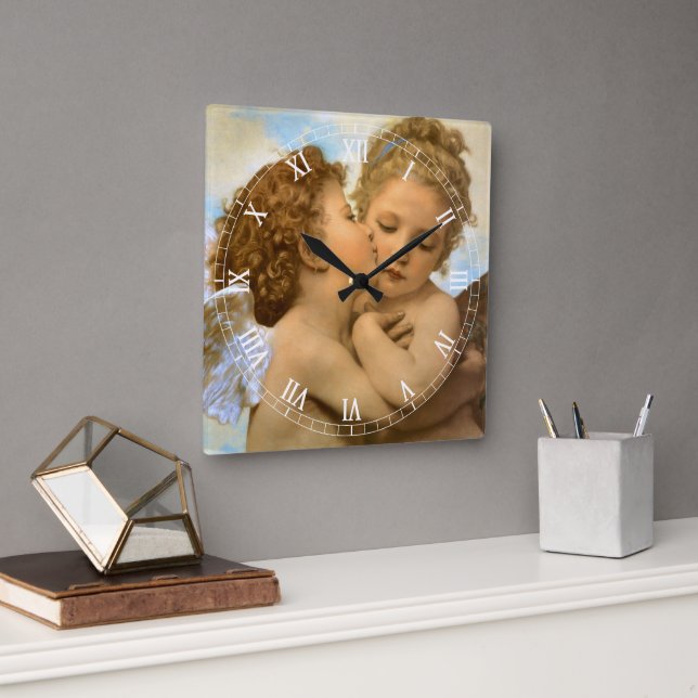 Horloge Carrée First Kiss (détail d'ange) par Bouguereau (Bureau)