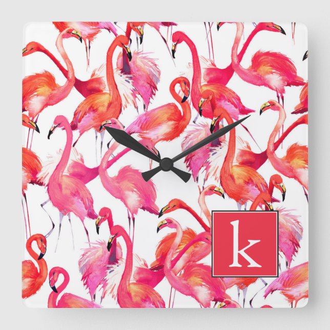 Horloge Carrée Flamant rose Aquarelle En Aquarelles | Ajouter Vot (Recto)