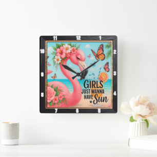 Horloge Carrée Flamant rose Beach "Les filles Wanna Sun