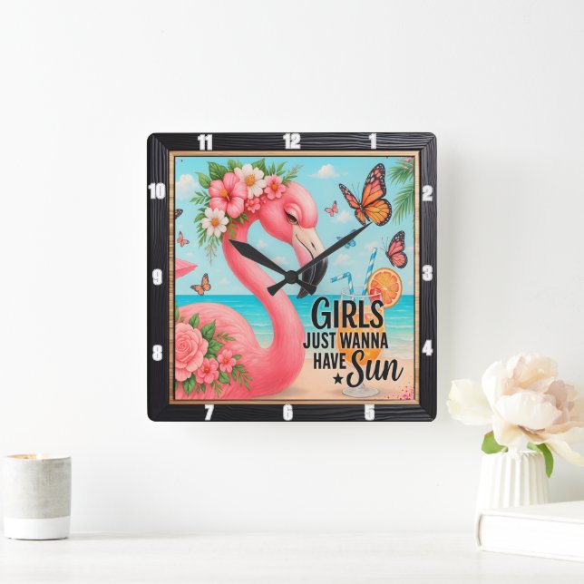 Horloge Carrée Flamant rose Beach "Les filles Wanna Sun (Maison)