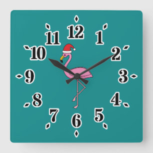 Horloge Carrée Flamant rose de Noël avec Santa Hat
