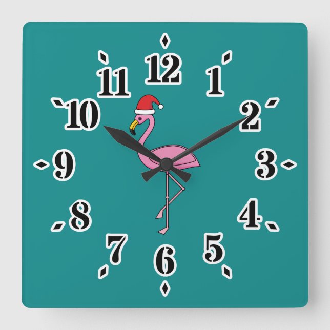 Horloge Carrée Flamant rose de Noël avec Santa Hat (Recto)