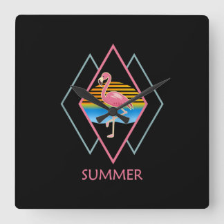 Horloge Carrée Flamant rose d'été amusant | Cute Flamant rose Lov