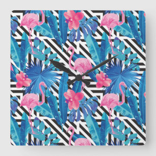Horloge Carrée Flamant rose et paumes sur le motif géométrique