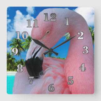 Horloge Carrée Flamant rose et plage
