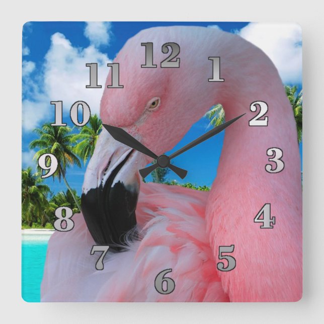 Horloge Carrée Flamant rose et plage (Recto)