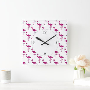 Horloge Carrée Flamant rose pailleté motif de scintillements de g