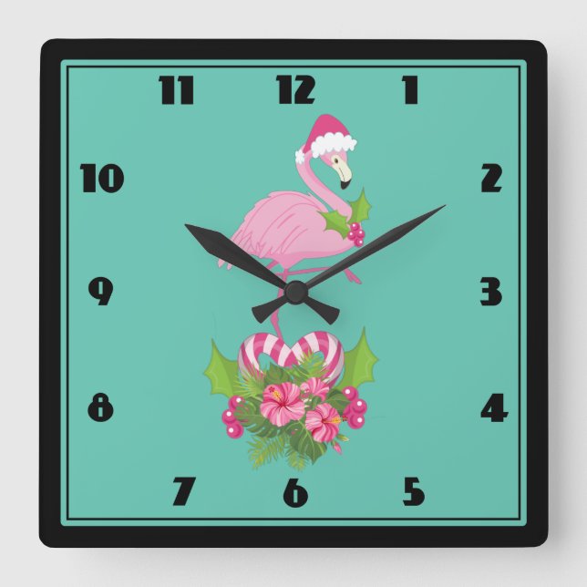 Horloge Carrée Flamant rose rose à Santa Hat Noël Whimsical (Recto)