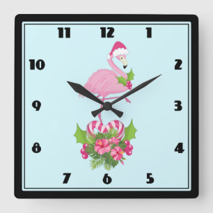 Horloge Carrée Flamant rose rose à Santa Hat Noël Whimsical