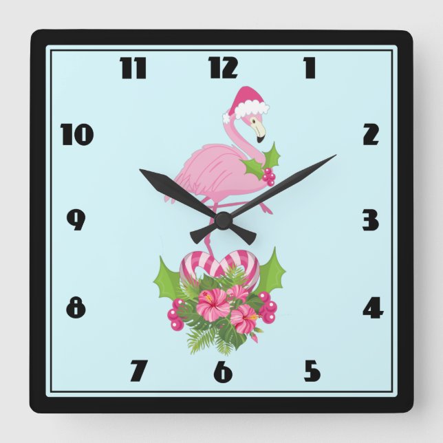 Horloge Carrée Flamant rose rose à Santa Hat Noël Whimsical (Recto)