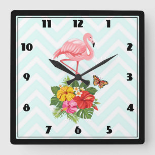 Horloge Carrée Flamant rose rose & Hibiscus Tropical Fancy