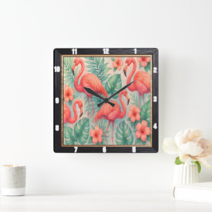 Horloge Carrée Flamant rose tropical Floral