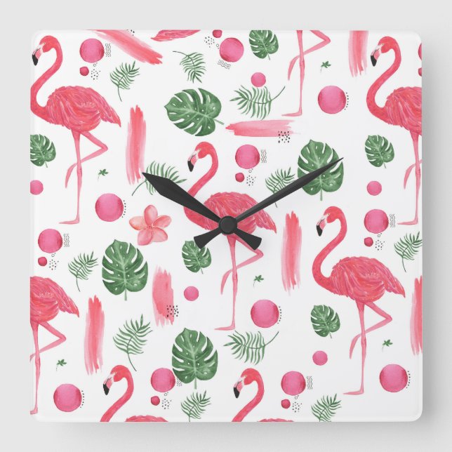 Horloge Carrée Flamant tropical d'aquarelle verte rose floral (Recto)