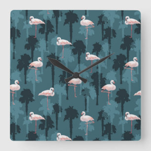 Horloge Carrée Flamants roses en pastel sur Teal