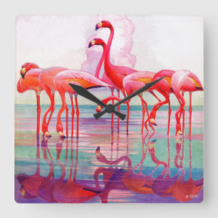 Horloge Carrée Flamants roses roses par Francis Lee Jacques