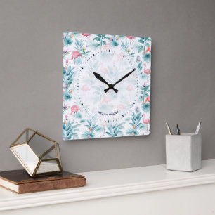 Horloge Carrée Flamants roses tropicaux feuille motif