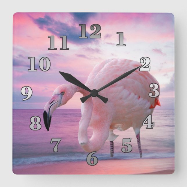 Horloge Carrée Flamingo et Pink Sky (Recto)
