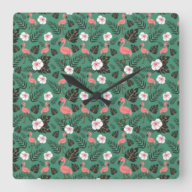 Horloge Carrée Flamingo seamless pattern pink on green background (Recto)