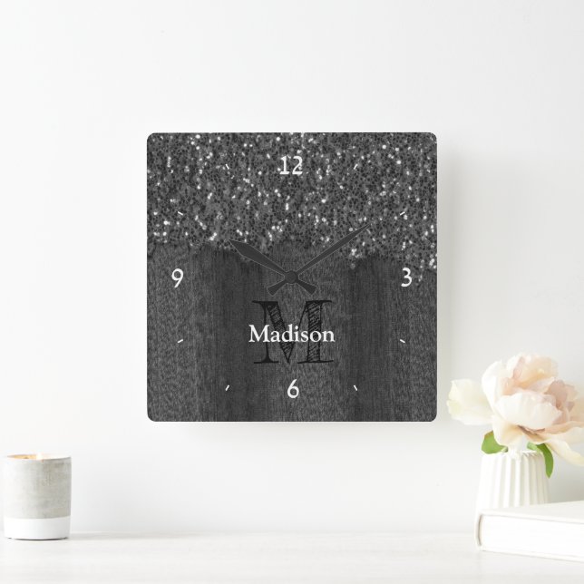 Horloge Carrée Flamme blanc noir scintille bois rustique Monogram (Maison)