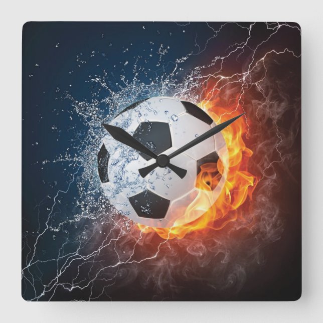Horloge Carrée Flamme Football/Balle de Football Jeu d'oreiller (Recto)