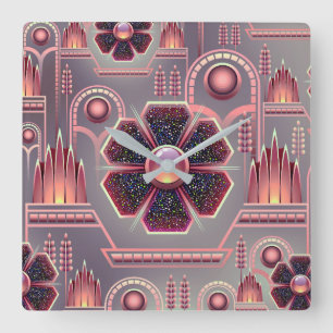 Horloge Carrée Fleur Art déco motif vintage floral géométrique