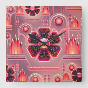 Horloge Carrée Fleur Art déco motif vintage floral géométrique