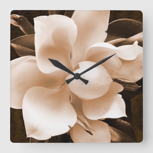 Horloge Carrée Fleur blanche Magnolia Sepia Arrière - plan noir (Recto)