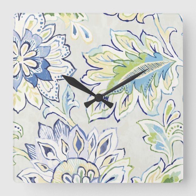 Horloge Carrée Fleur Bleue Bohème (Recto)
