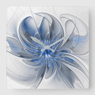 Horloge Carrée Fleur d'art fractal à l'aquarelle bleue grise abst