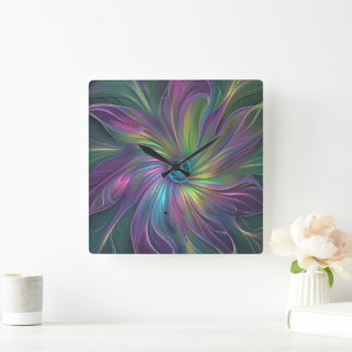 Horloge Carrée Fleur de fantaisie colorée et brillante, art fract
