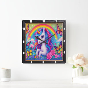 Horloge Carrée Fleur de licorne arc-en-ciel joyeuse