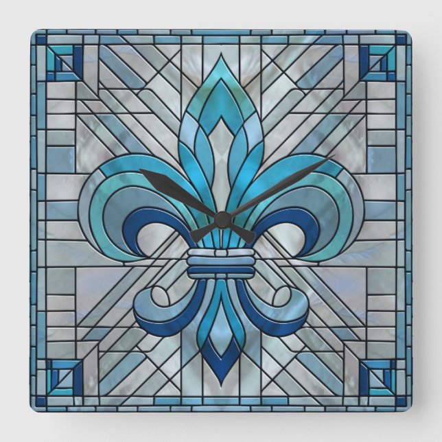 Horloge Carrée Fleur-de-lis - Art de la mosaïque de verre (Recto)