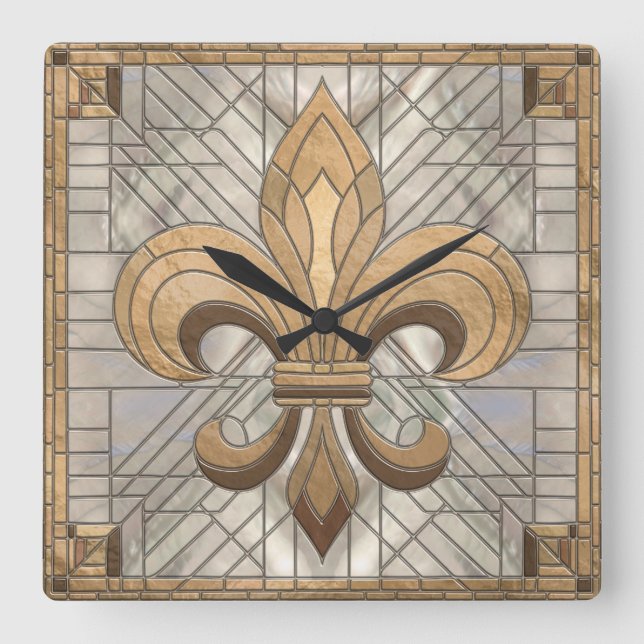 Horloge Carrée Fleur-de-lis - Art de la mosaïque de verre (Recto)