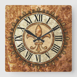 Horloge Carrée Fleur de lis | Chiffres romains Arrière - plan ant