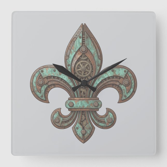 Horloge Carrée Fleur-de-Lis Steampunk Engrenage Industriel engren (Recto)