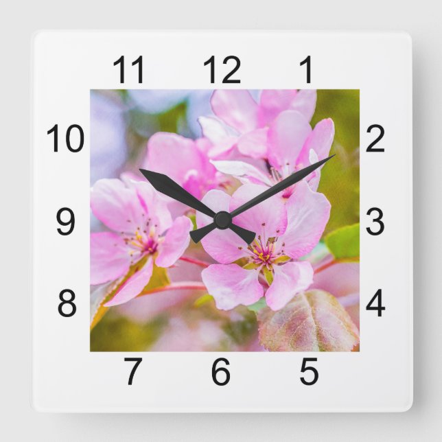 Horloge Carrée Fleur de pomme rose (Recto)