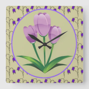 Horloge Carrée Fleur de tulipe pourpre vintage motif mignon