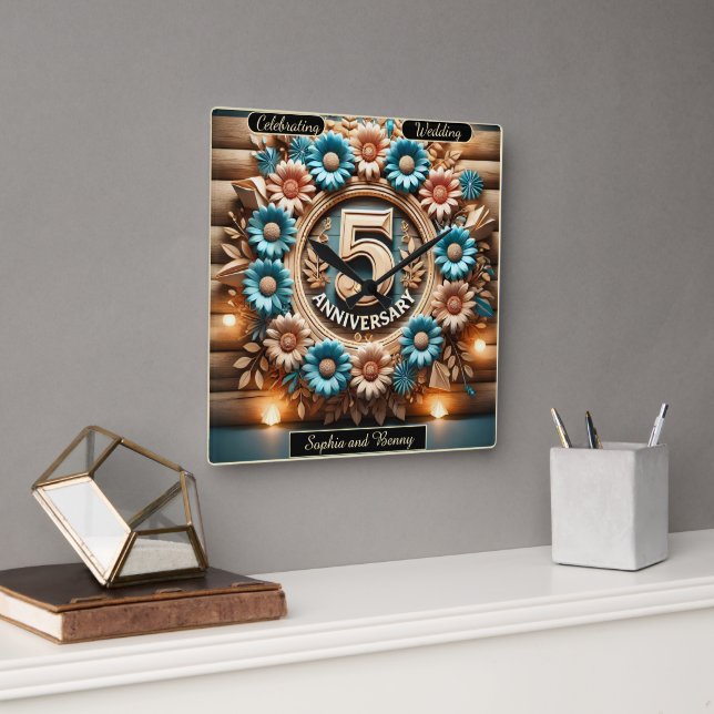 Horloge Carrée Fleur éternelle : 5e anniversaire cercle floral (Bureau)